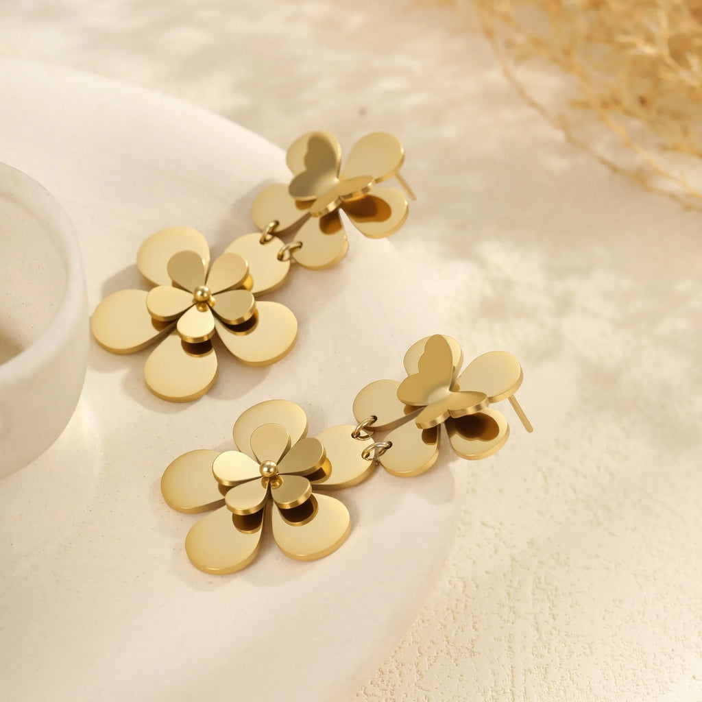Gold floral butterfly design stainless steel earrings for women with electroplated finish