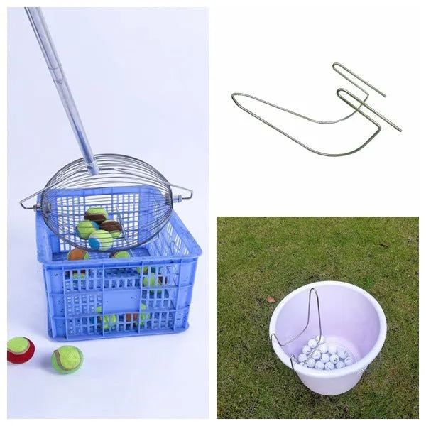 Metallic coloured stainless steel golf ball picker tool on a driving range turf.