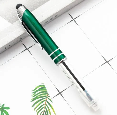 Metal multifunctional stylus pen with capacitive tip, ballpoint pen, and LED light in multiple colour options