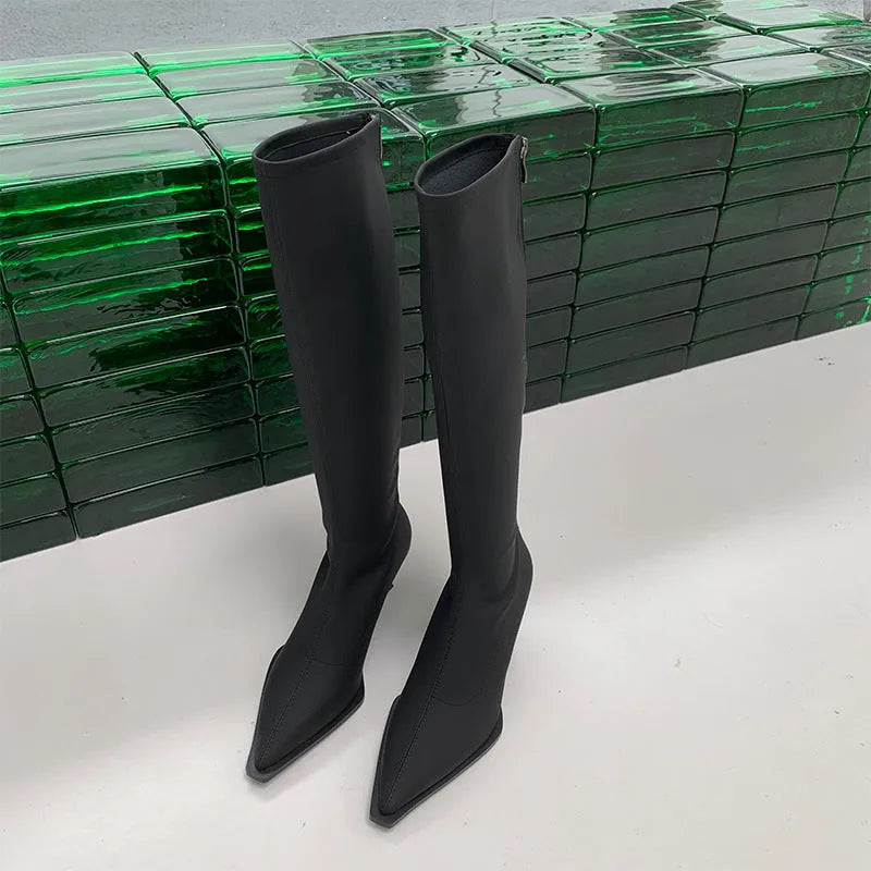 Women's black pointed toe below knee boots with back zipper and stiletto heel