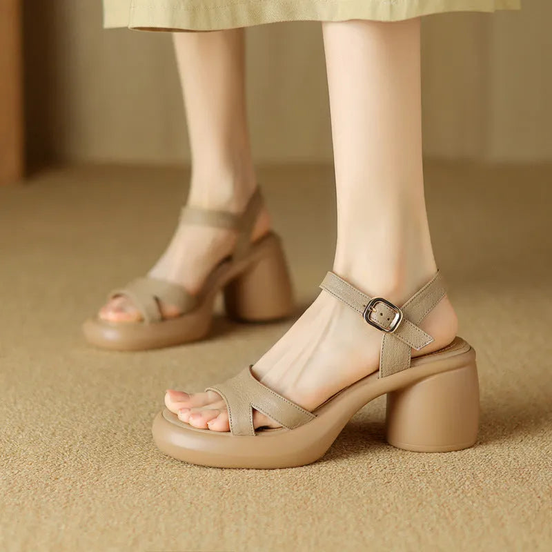 Women's open toe platform sandals in beige with a round toe and rubber sole