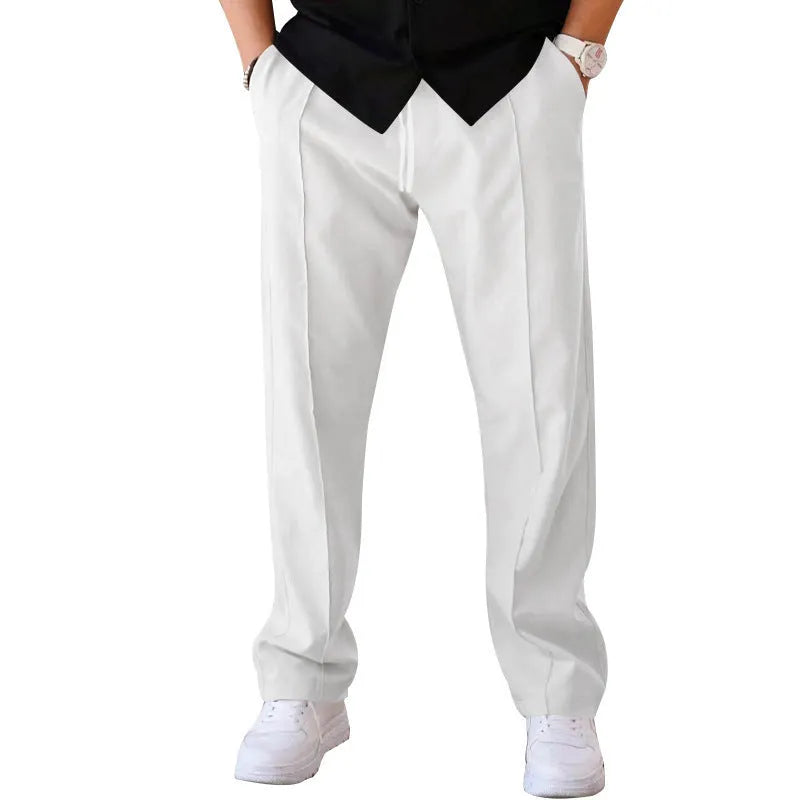 Men's loose straight drawstring trousers in waffle polyester fabric, shown in multiple colour options