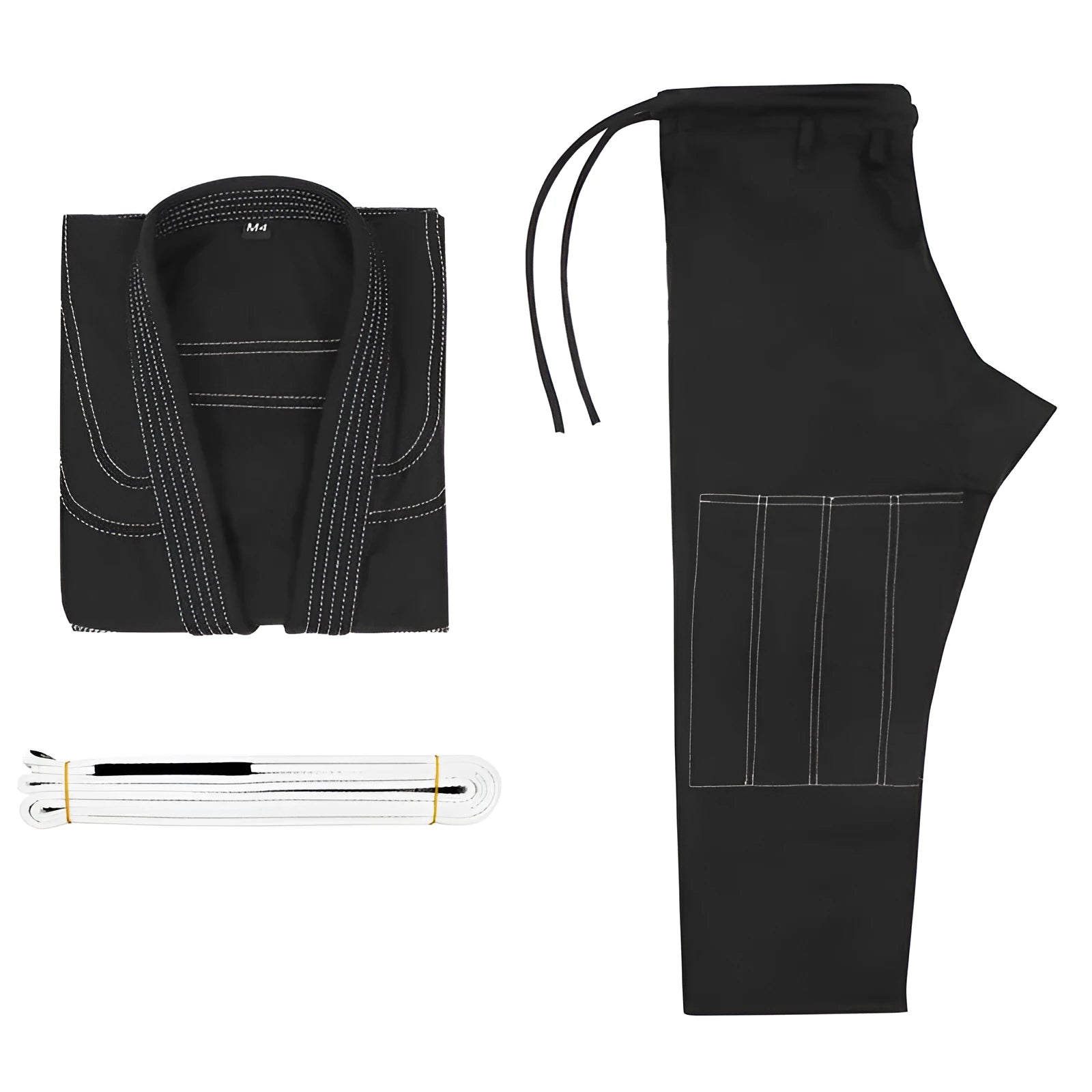 Brazilian Jiu-jitsu gi uniform set in cotton blend fabric showing colour options black, blue, gray, rose red, and white.
