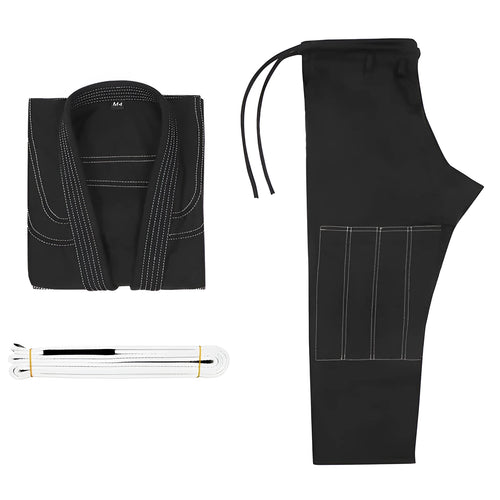 Brazilian Jiu-jitsu gi uniform set in cotton blend fabric showing colour options black, blue, gray, rose red, and white.
