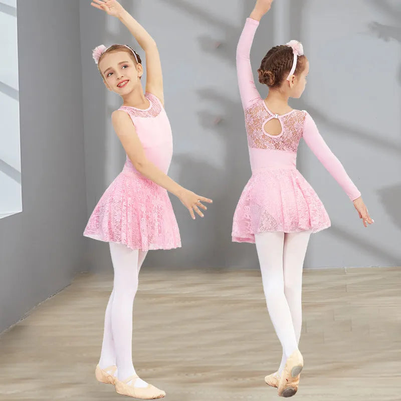 Girls short-sleeve ballet practice dress in Lycra cotton with lace and mesh trim, princess style, available in black