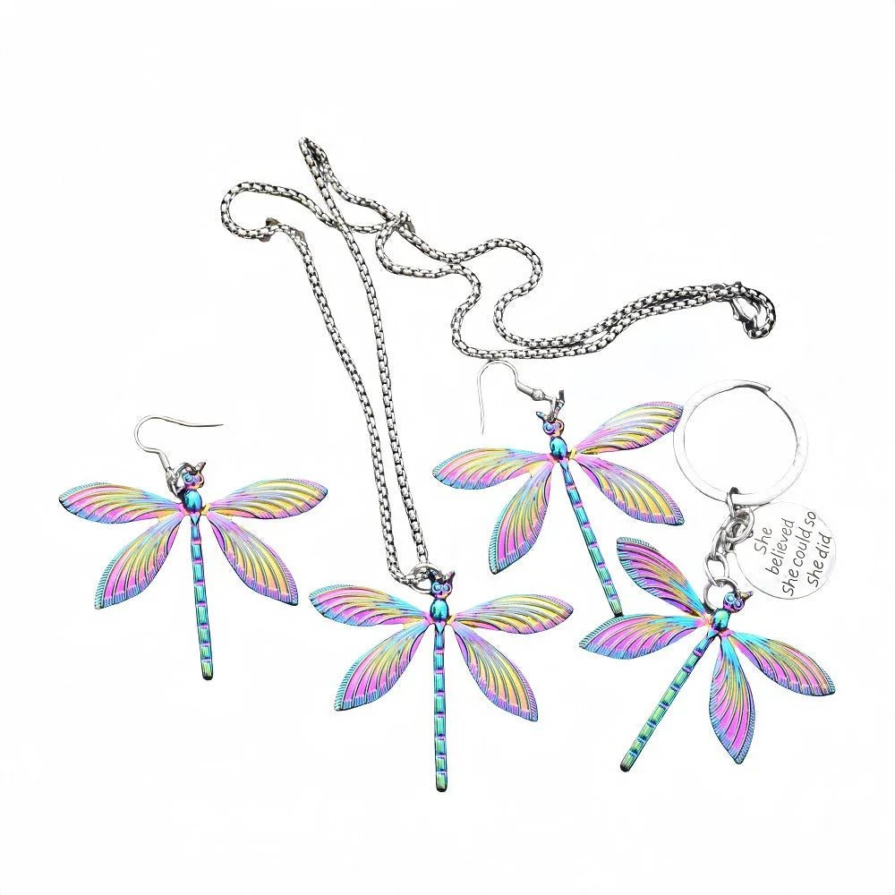 Rainbow-coloured alloy dragonfly keychain keyring with 60cm snake chain necklace and earrings set