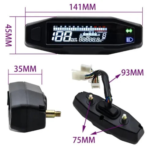 Black motorcycle mini speedometer with LCD display showing speed, mileage, revs, and fuel gauge.