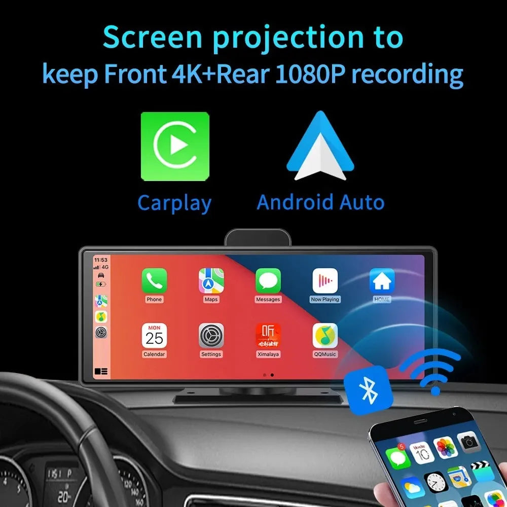 12-inch touch screen car dash cam unit with front and rear camera recording on display