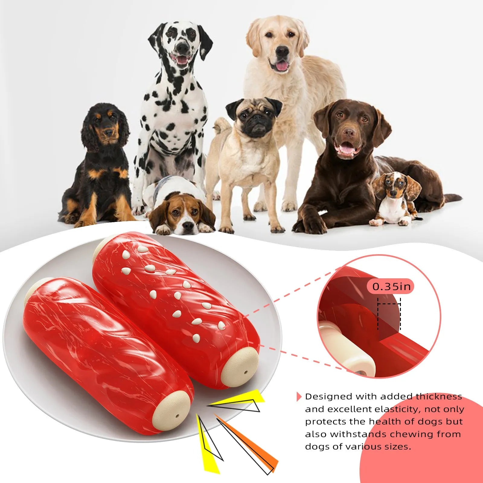 Primary colour plastic dog chew toy with molar rod design and toothbrush texture pattern