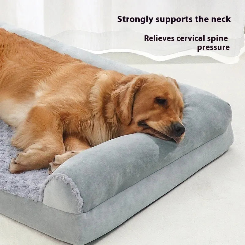 Light grey soft cloth dog kennel with removable mat, shown in a home setting.