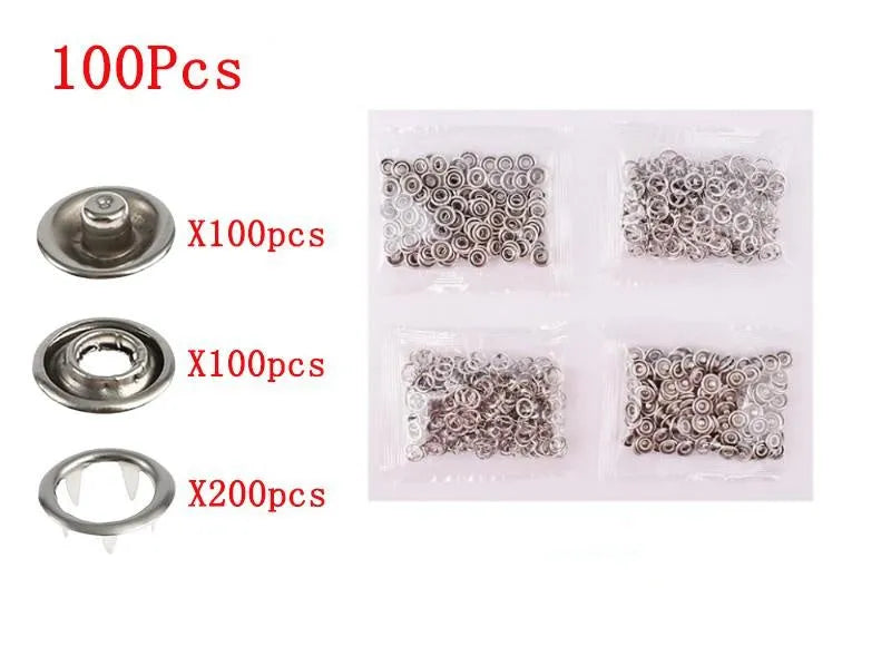 Five claw stainless steel no sew suit buttons for children's clothing, shown with plier tool.