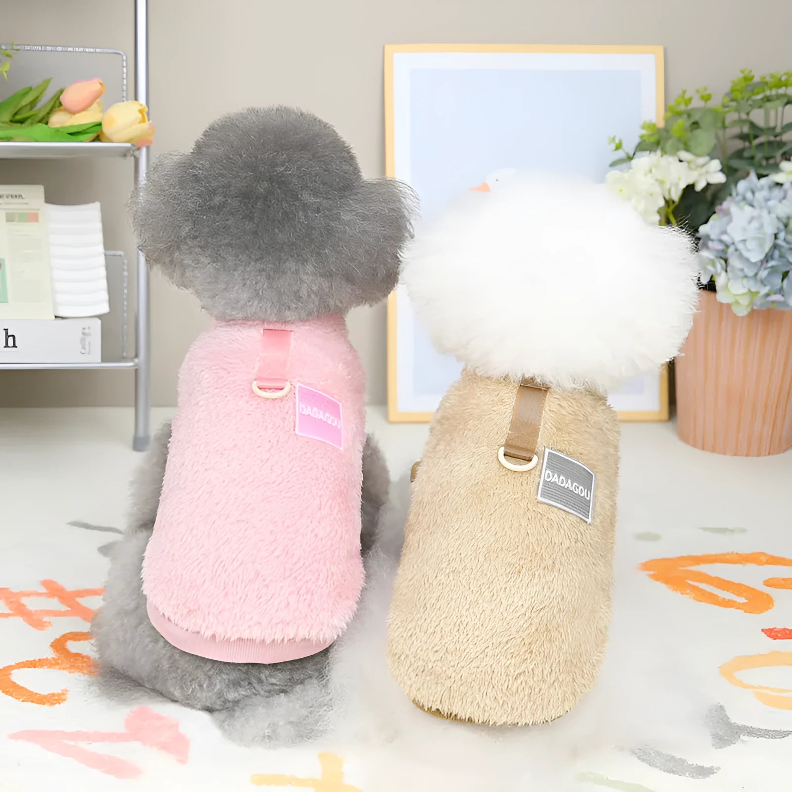 Coral fleece dog jacket with multi-colour pull ring fastening in blue colour option