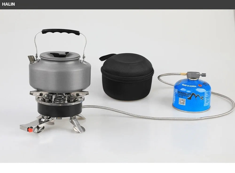 Silver foldable stainless steel split camping stove with extended fuel hose, shown unfolded.
