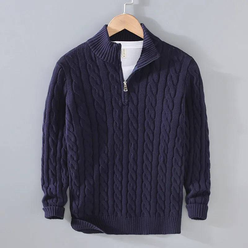 Men's cotton knitted zip pullover sweater in wine red - thick winter loose fit coat with front zip