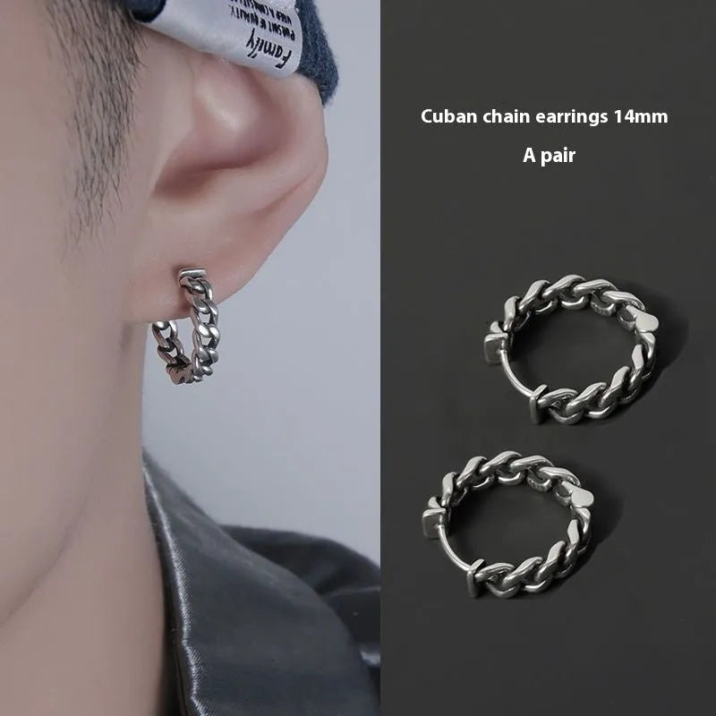 Men's geometric copper hip hop earrings in silver and cloud styles, showing 10mm and 14mm sizes.