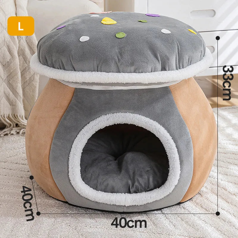 Mushroom-shaped plush cat bed in purple, pink, or grey colours