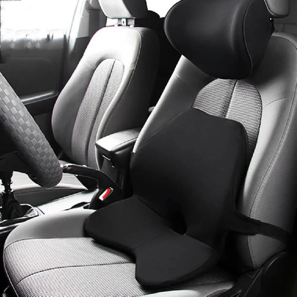 Car seat waist support cushion with memory foam, shown in beige, black, coffee, and grey colours.