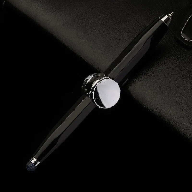 Metal gyro ballpoint pen with LED spinner, shown in multiple refill colour options.