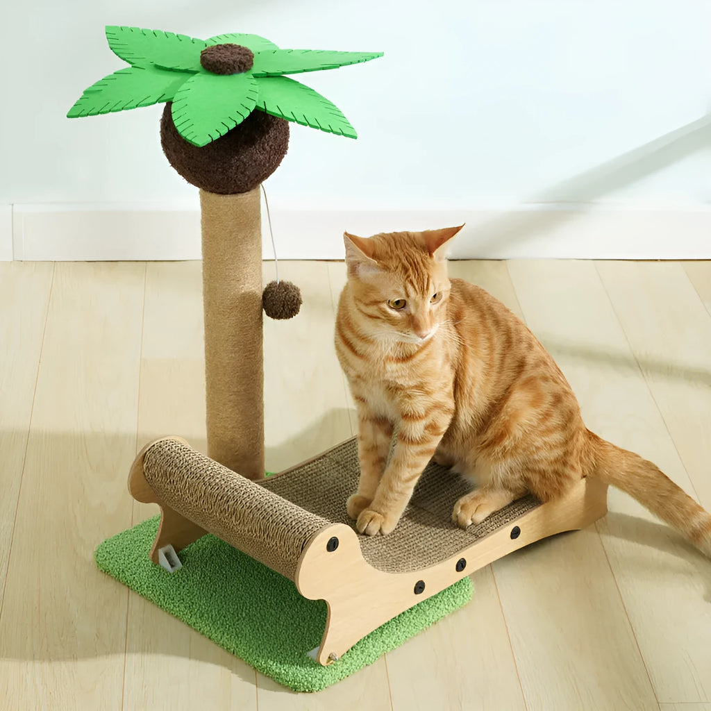 Wooden beach chair cat nest with integrated scratch board and climbing frame.