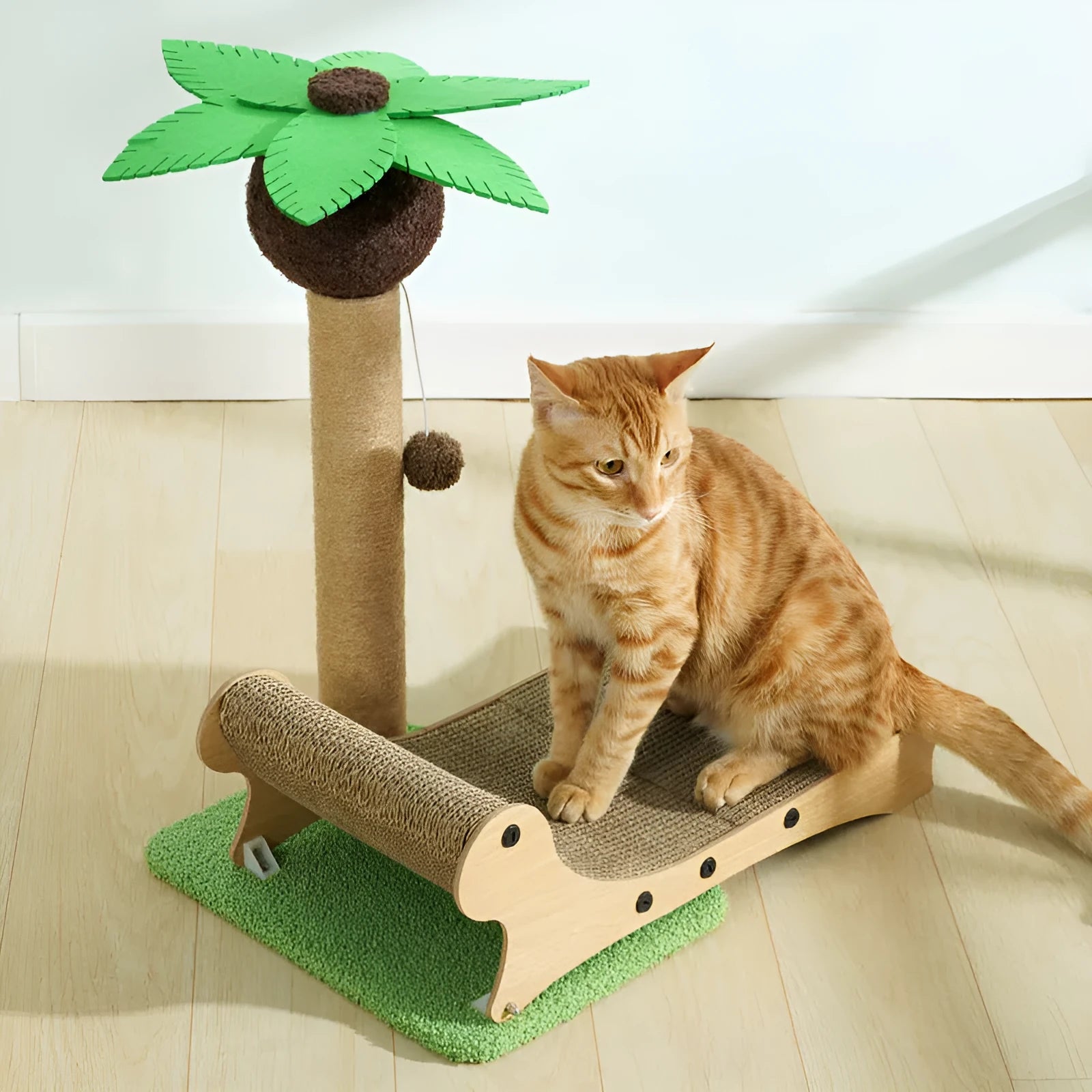 Wooden beach chair cat nest with integrated scratch board and climbing frame.