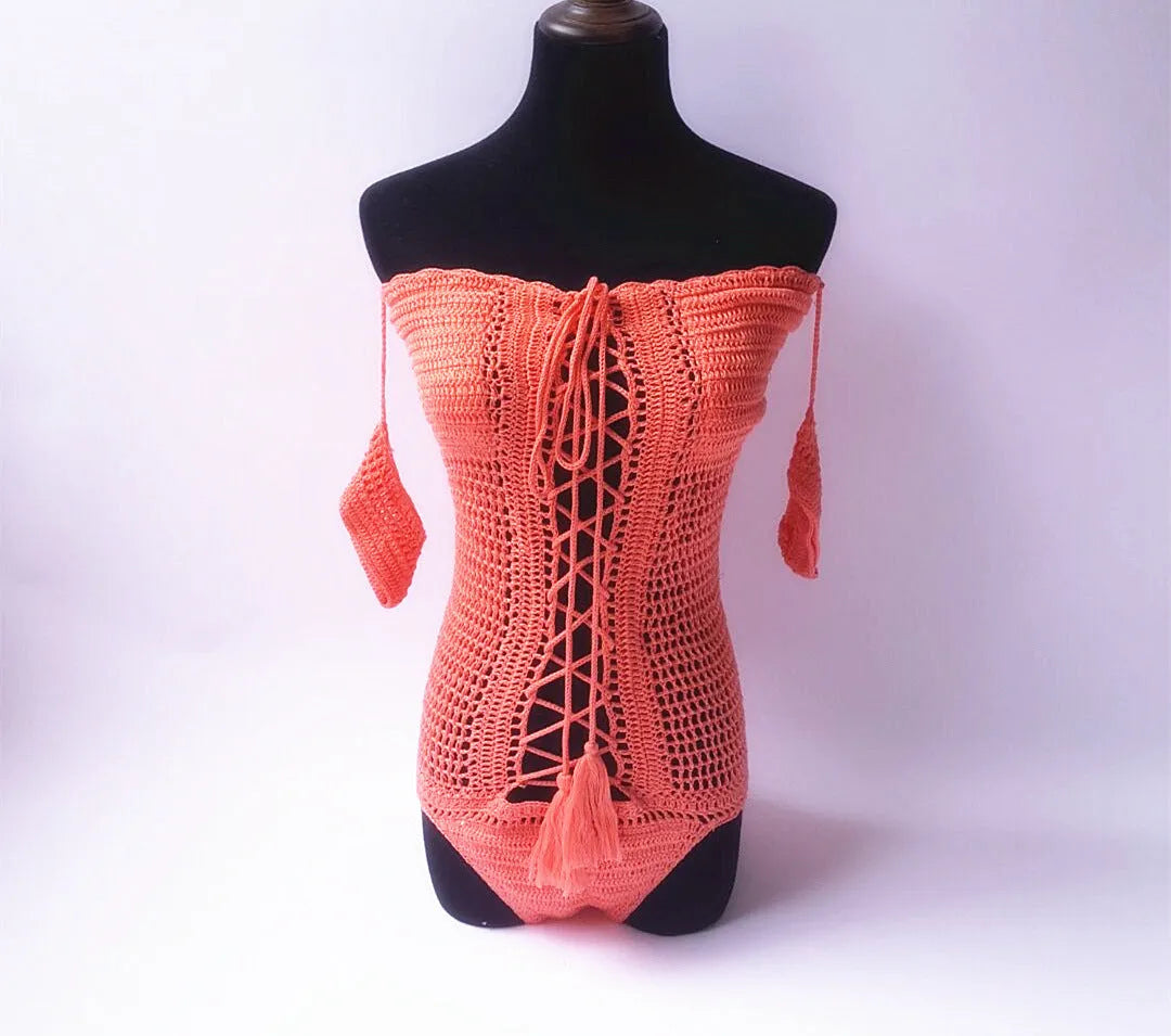 Off-shoulder one-piece swimsuit in polyester fabric on mannequin