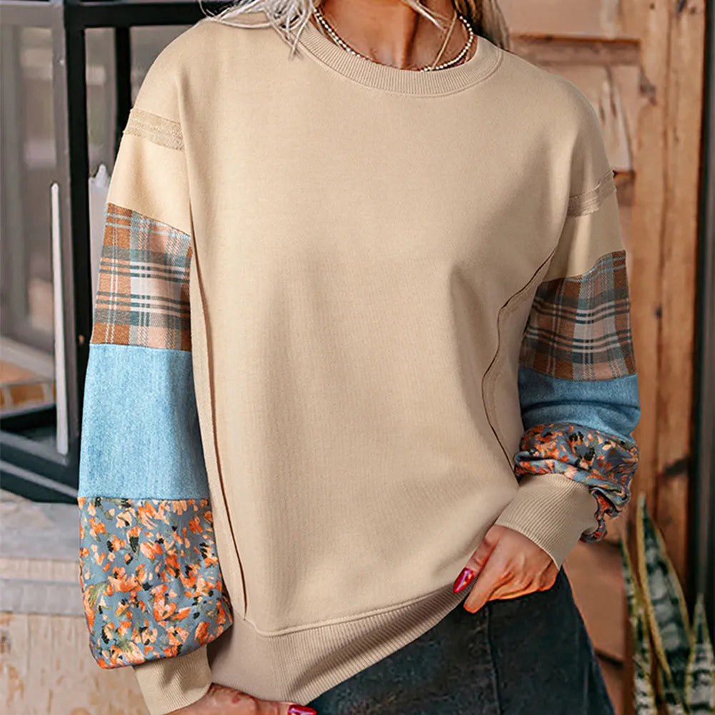 Women's loose plaid stitching long-sleeved top in beige, showcasing Japanese-Korean casual style.