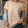 Women's loose plaid stitching long-sleeved top in beige, showcasing Japanese-Korean casual style.
