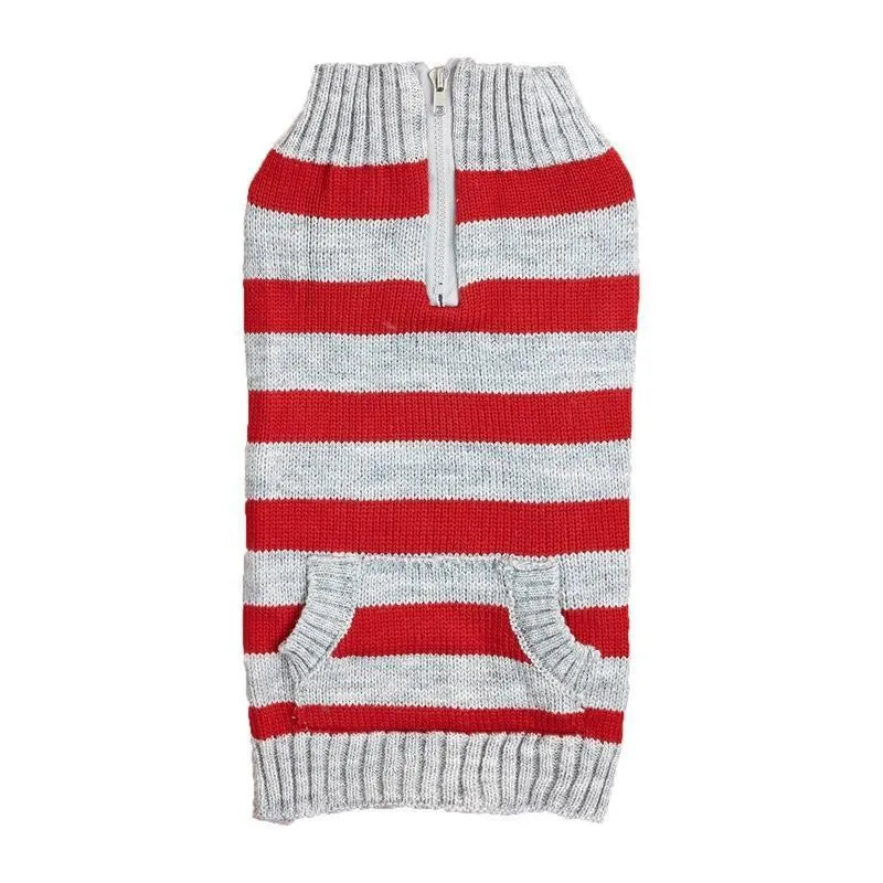 Grey dog sweater with horizontal zipper and button pocket on a small dog