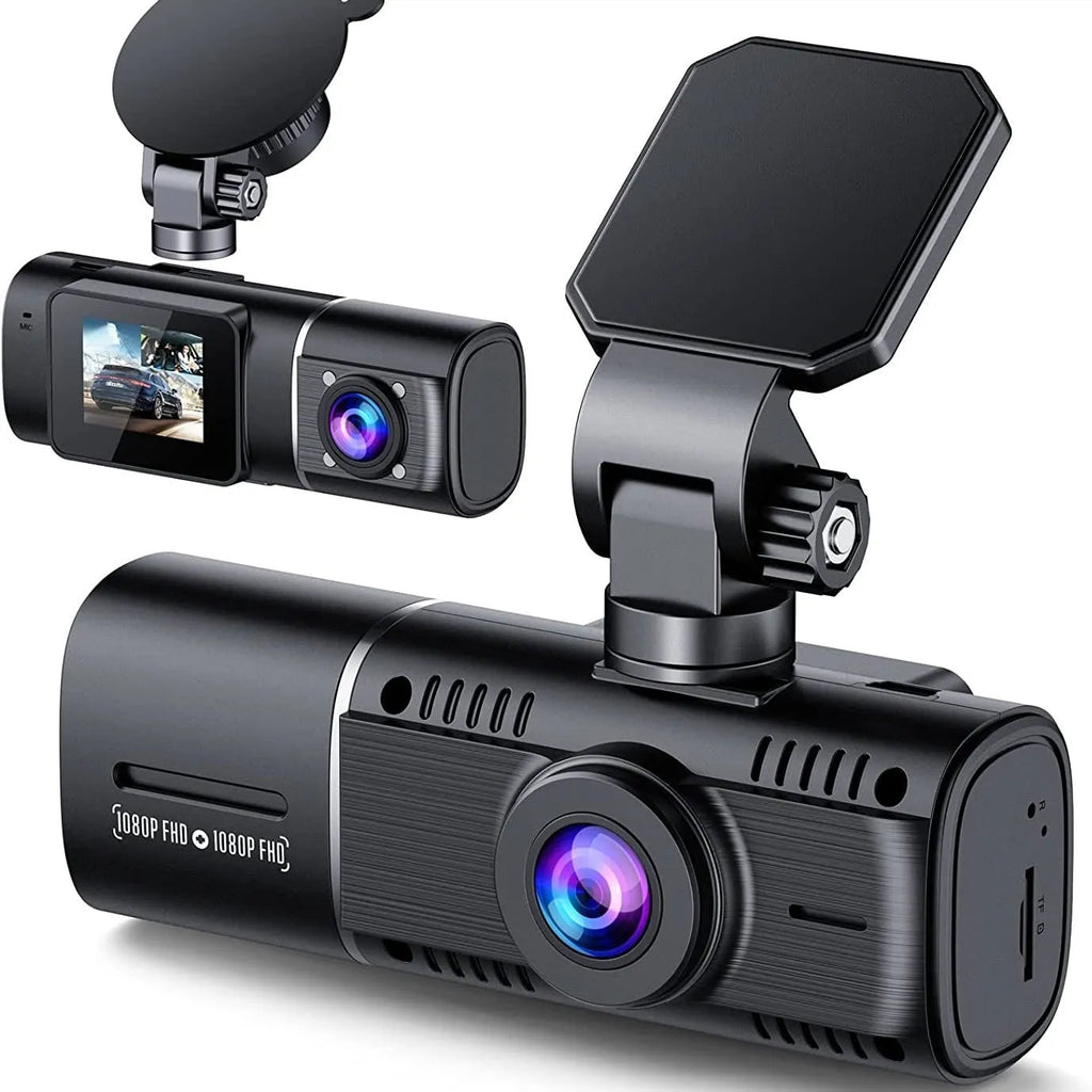 Standard black 1080p dual recording dash cam with a 1.5-inch screen on a car windscreen.