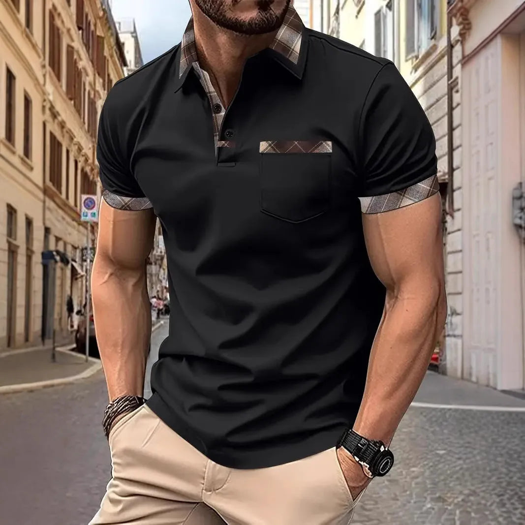 Men's plaid colourblock T-shirt with short sleeves and zipper decorations on front