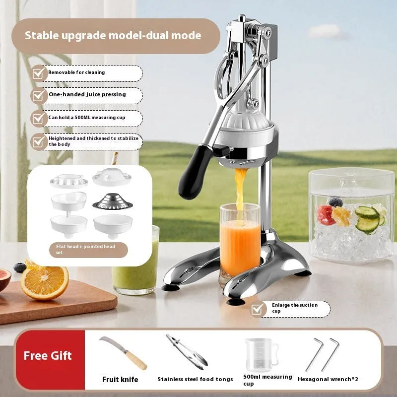 Commercial stainless steel manual citrus juicer with 480cm length on a countertop.
