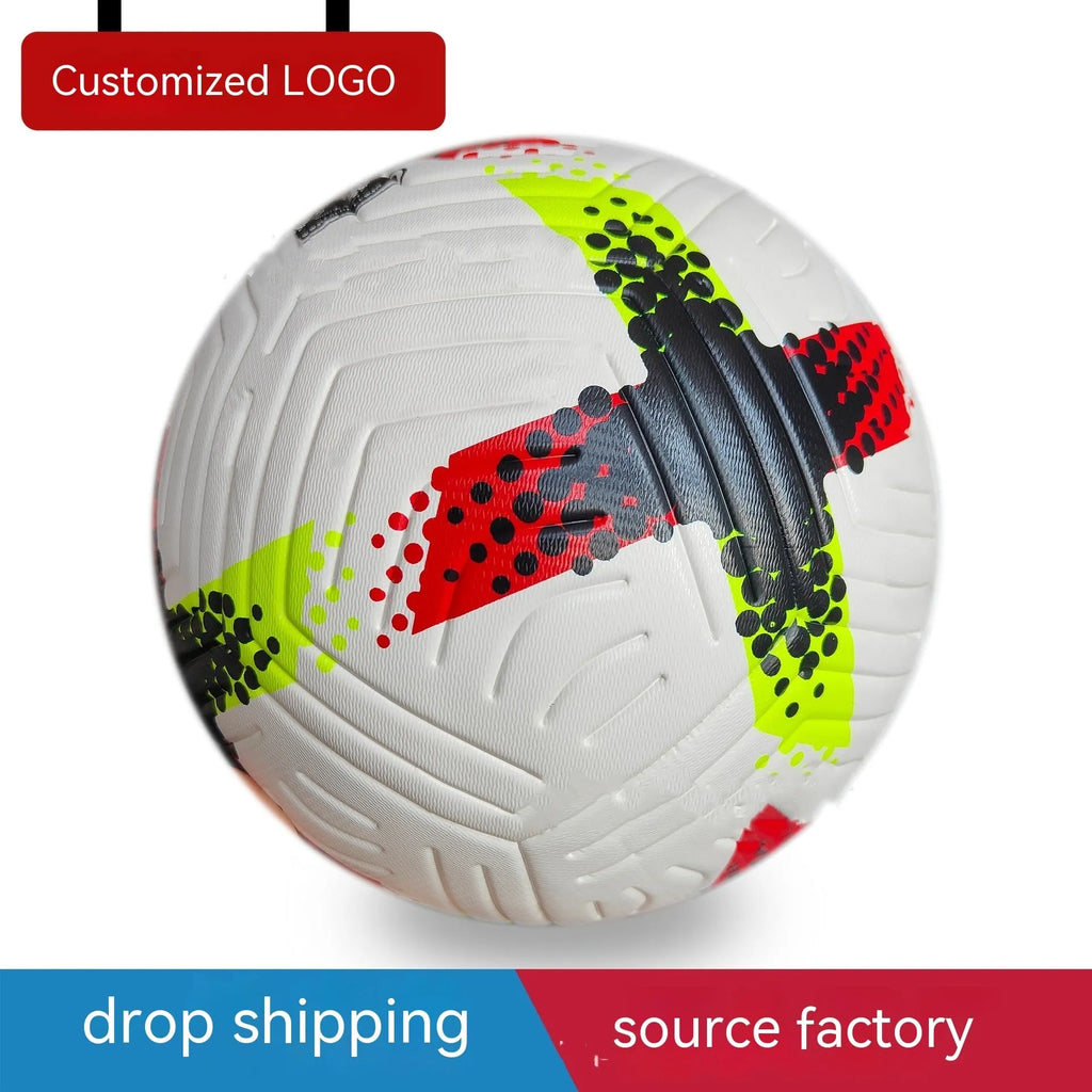 Fluorescent green Size 5 football with seamless thermal adhesive patches on a green pitch.