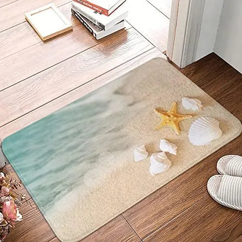 Soft square flannel floor mat with a coastal starfish print on a hard floor