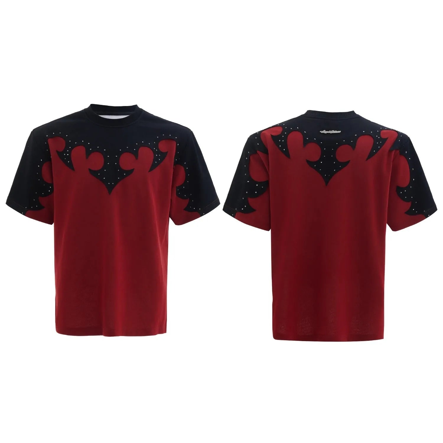 Men's grey cotton t-shirt with burnt flower stitching and rhinestone decoration on short sleeves