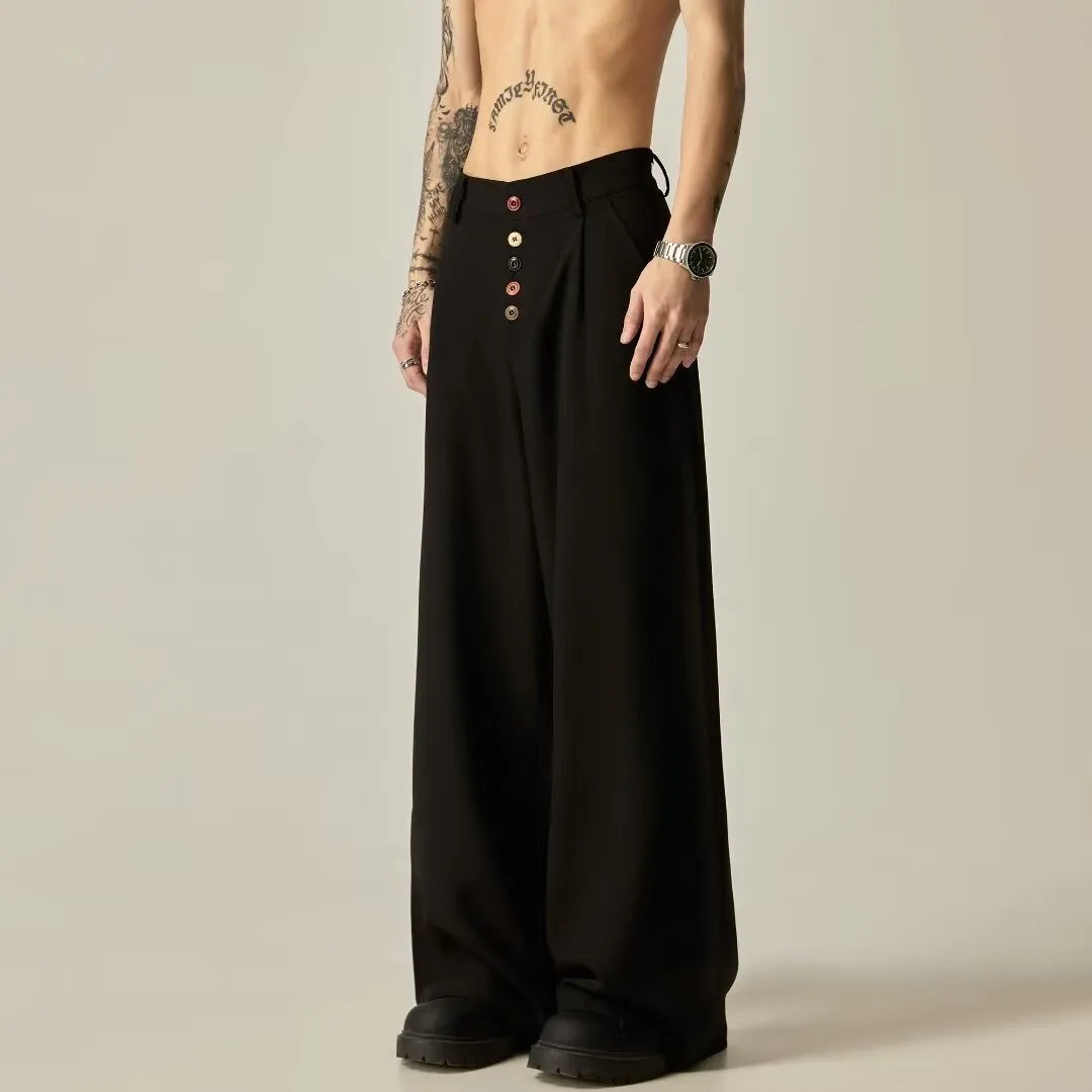 Men's black wide-leg casual trousers with straight-leg design and micro-elastic waist