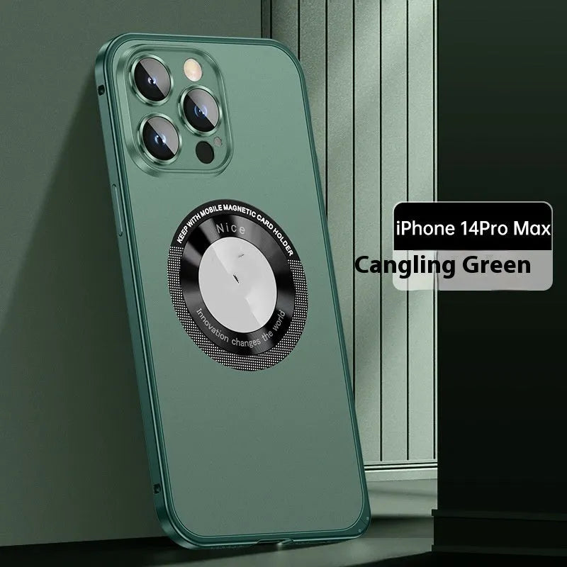 Metal phone case with spring fastener and frosted finish in black for iPhone 14