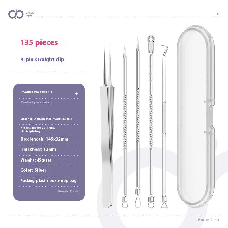 Four silver metal acne needles with fine pointed tips laid out on a flat surface.