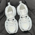 Beige platform mesh sports shoes with wedge heel and front lace-up design