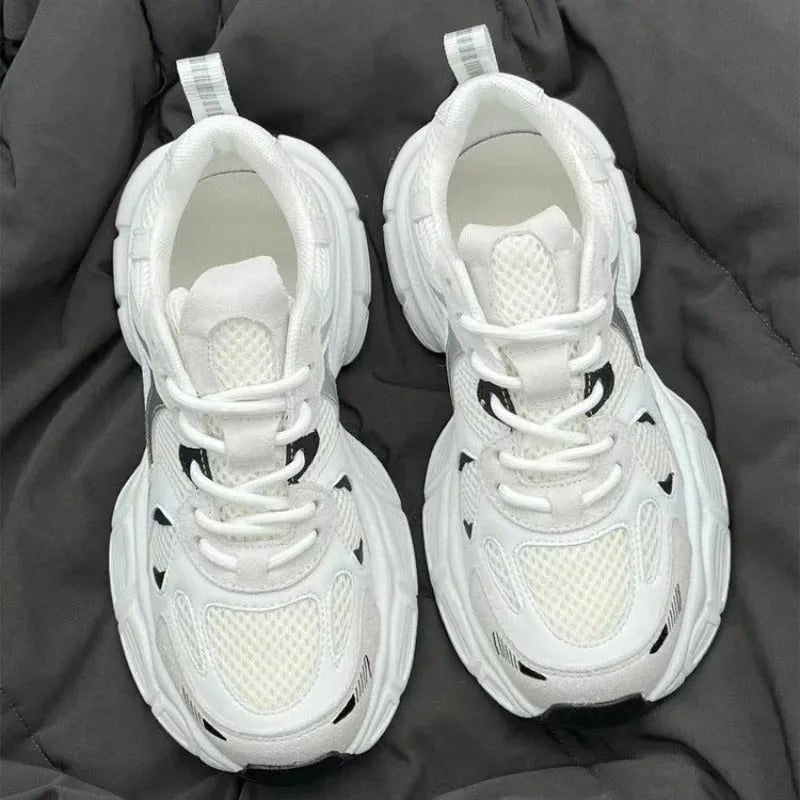Beige platform mesh sports shoes with wedge heel and front lace-up design