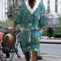 Peacock blue men's 3D printed knitted casual shorts suit with T-shirt style top and mid-length trousers