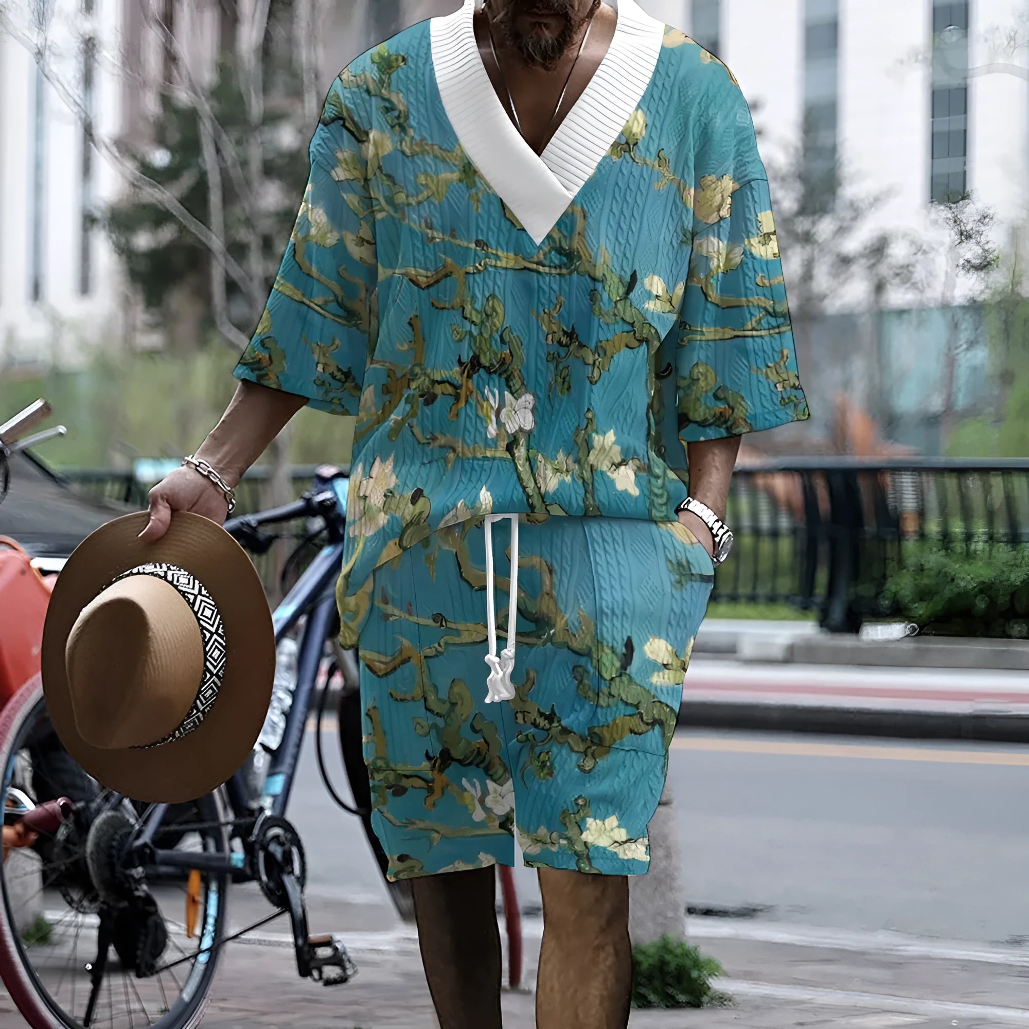 Peacock blue men's 3D printed knitted casual shorts suit with T-shirt style top and mid-length trousers