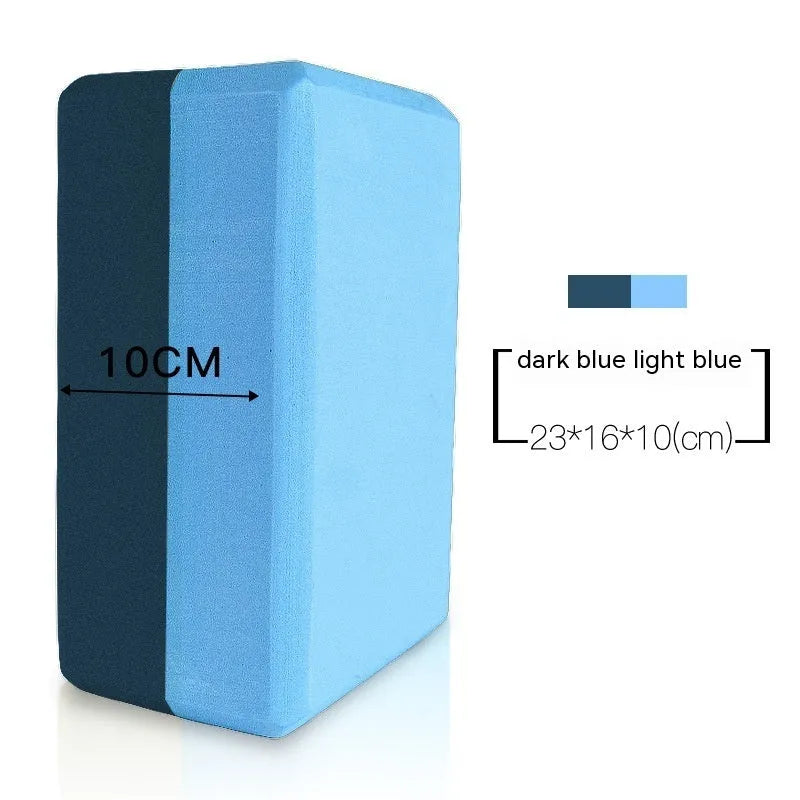 A high-density EVA yoga block in a choice of solid colours or printed designs, measuring 23cm by 15cm.