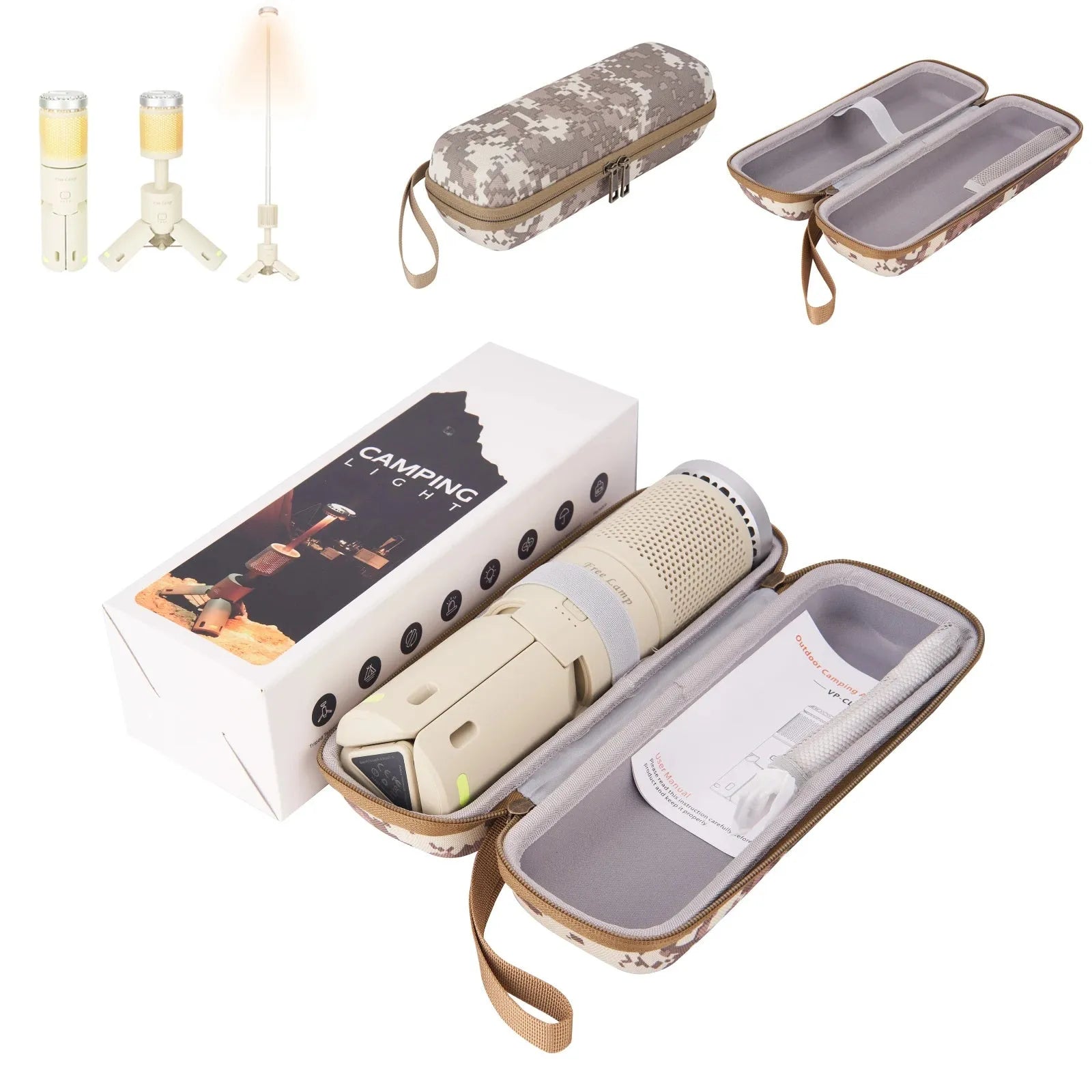 Portable LED camping lantern in off white and dark grey colour options showing button switch.