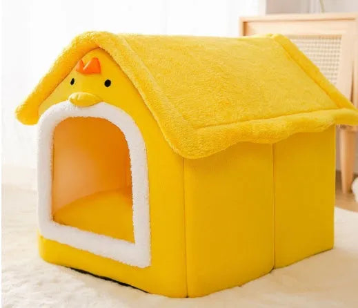 Foldable dog house pet cat bed in cave style with self-warming plush fur and non-slip bottom, available in multiple colours and sizes