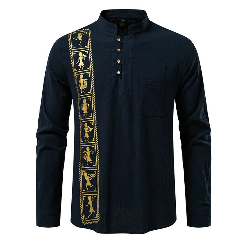 Men's solid colour cotton linen style slim fit pullover shirt in khaki, European sizes S-2XL