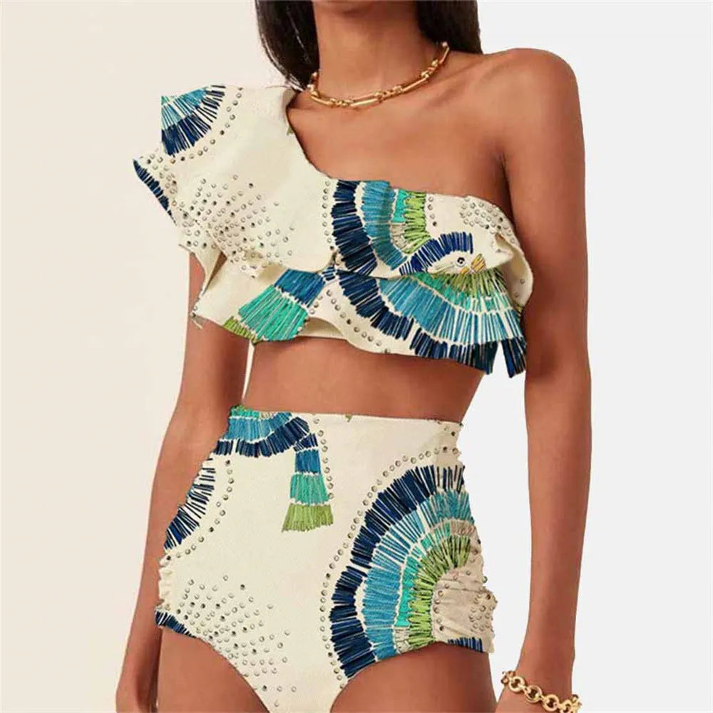 White women's one-shoulder swimsuit with lotus leaf split detail and double-layer construction