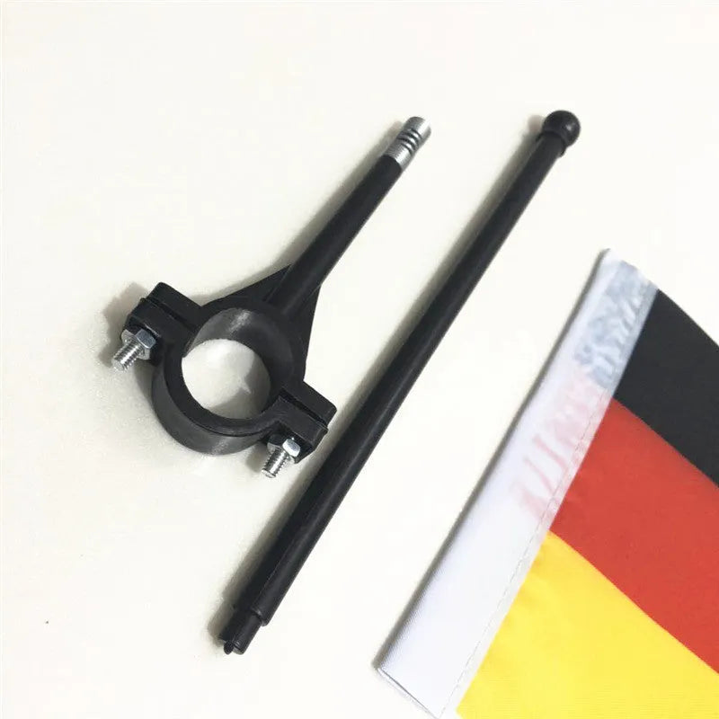 Cycling handlebar flag pole with square polyester flag attached to bicycle