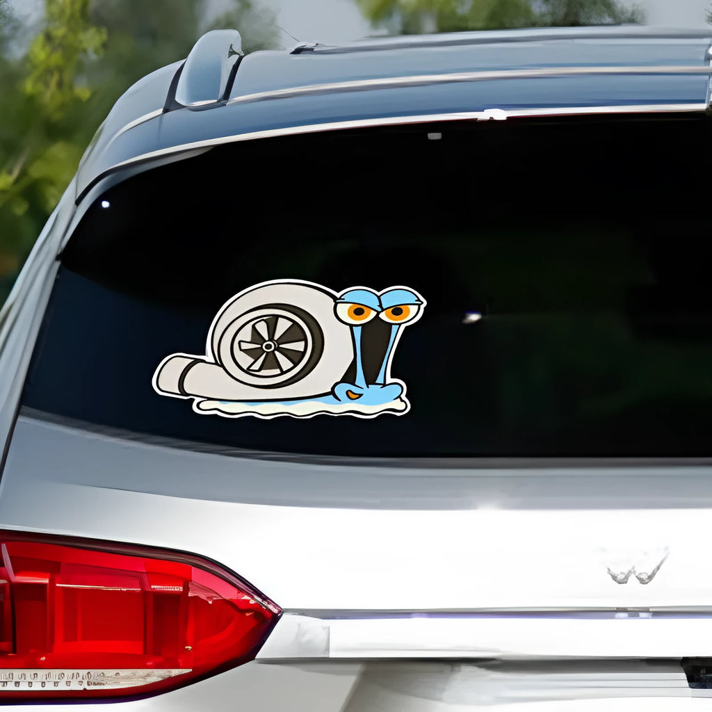 White cartoon snail reflective car sticker measuring 12 by 8 centimetres
