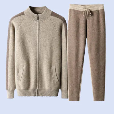 Men's navy blue cashmere wool blend half-turtleneck zipper cardigan and trousers winter suit set
