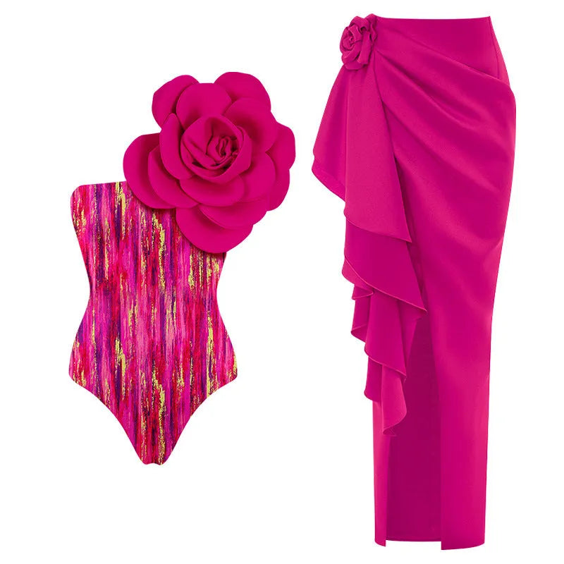 One-piece swimsuit with three-dimensional floral pattern showing European and American fit